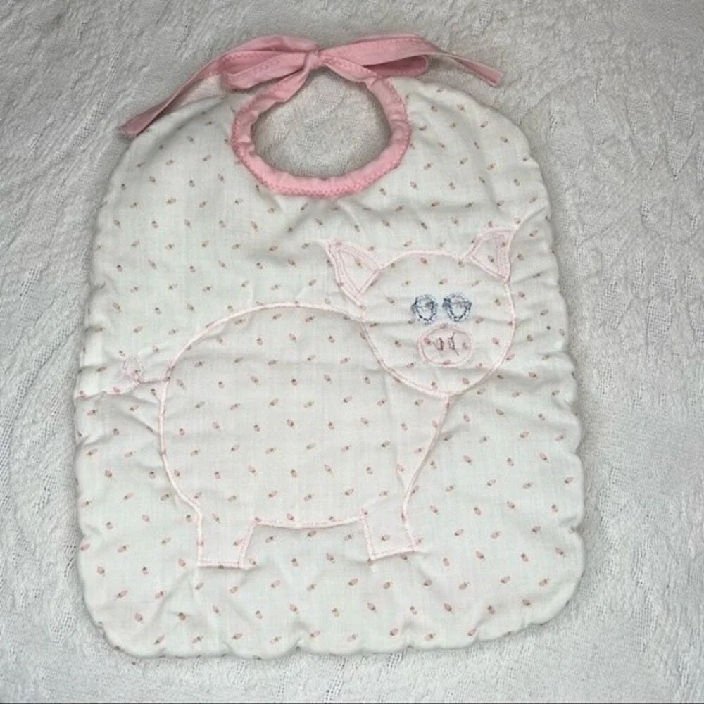 Vintage Handmade Bib Embroidered Pink Pig Large Oversized Baby's Drool Bib